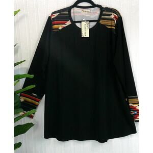 Southern Stitch Black Aztec Colorful Back Print Long Sleeve Blouse Women's 3XL